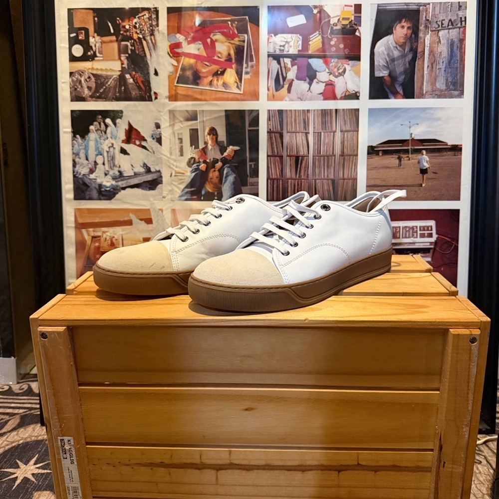 Lanvin White and Tan Low-Top Leather Sneakers